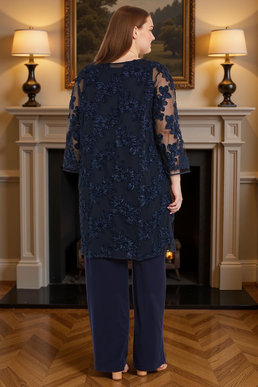 Dreamyannie Floral Lace Navy 3 Piece Mother Of The Bride Pant Suits With Jacket