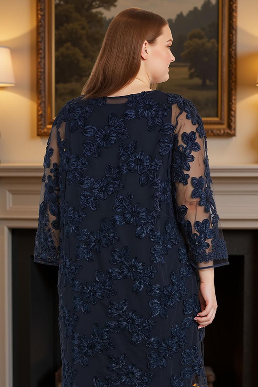 Dreamyannie Floral Lace Navy 3 Piece Mother Of The Bride Pant Suits With Jacket