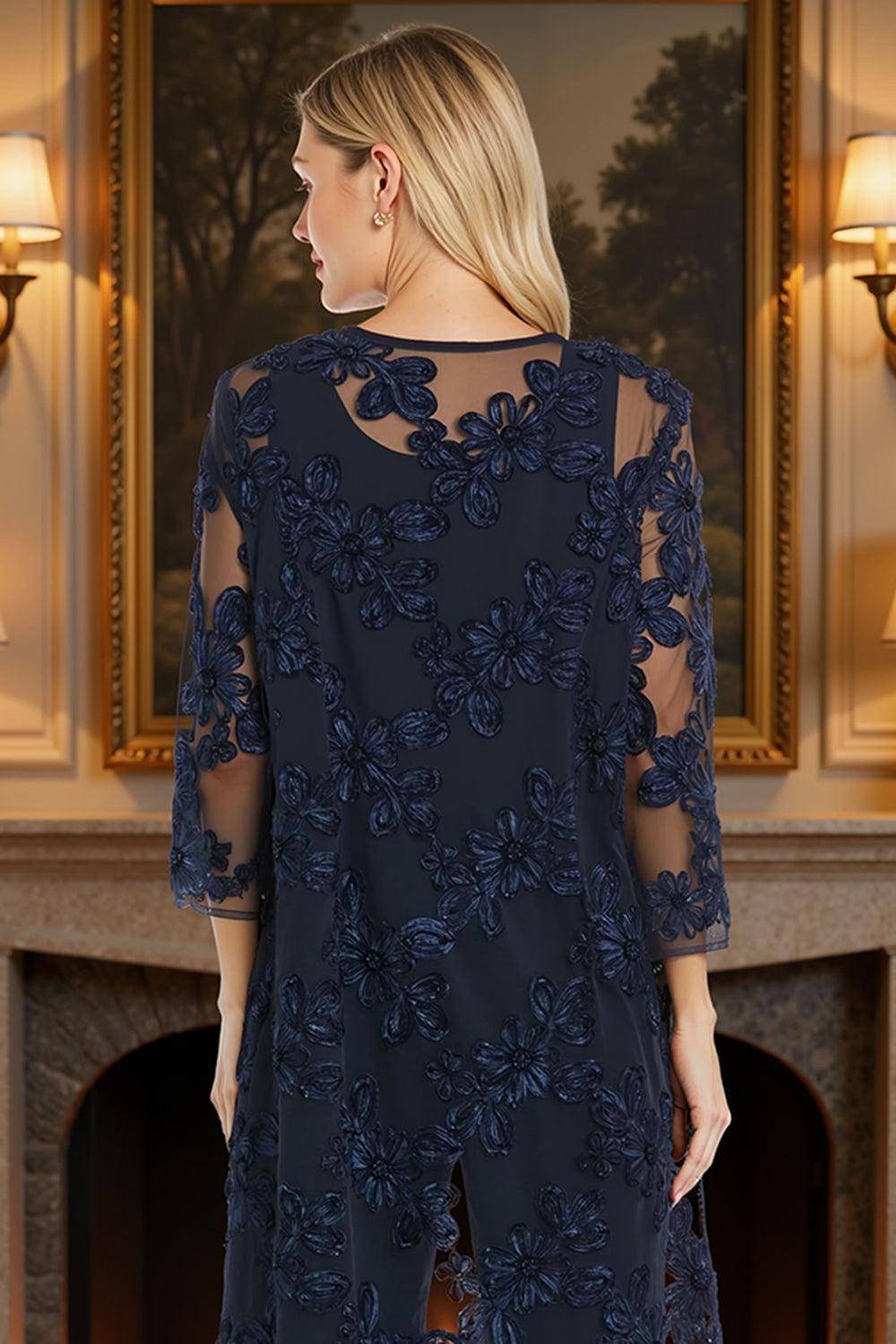 Dreamyannie Floral Lace Navy 3 Piece Mother Of The Bride Pant Suits With Jacket