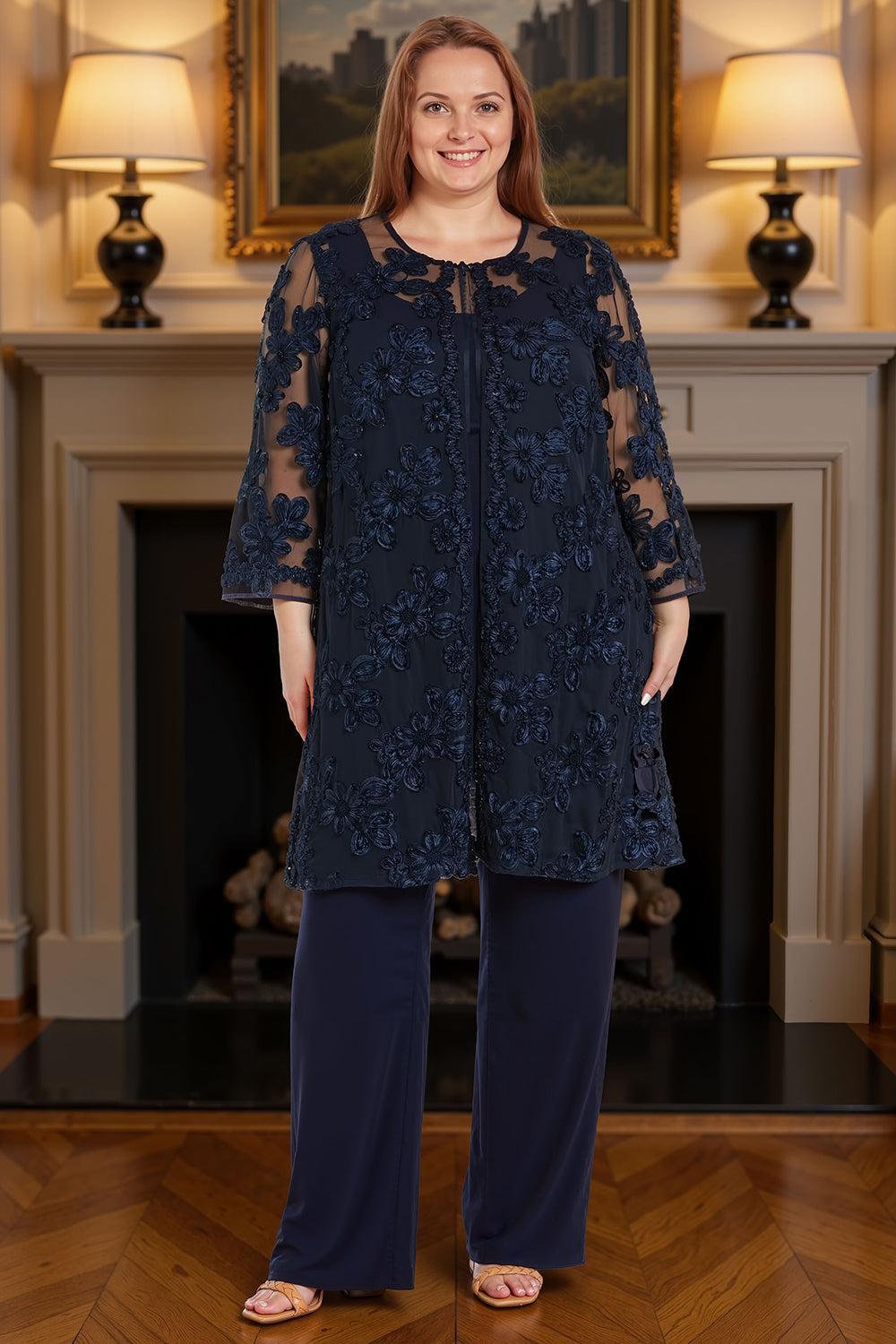 Dreamyannie Floral Lace Navy 3 Piece Mother Of The Bride Pant Suits With Jacket
