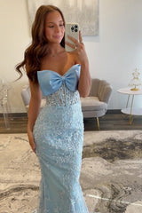 Dreamyannie Floral Mermaid Sky Blue Prom Dress Strapless Long Formal Dress With Bow