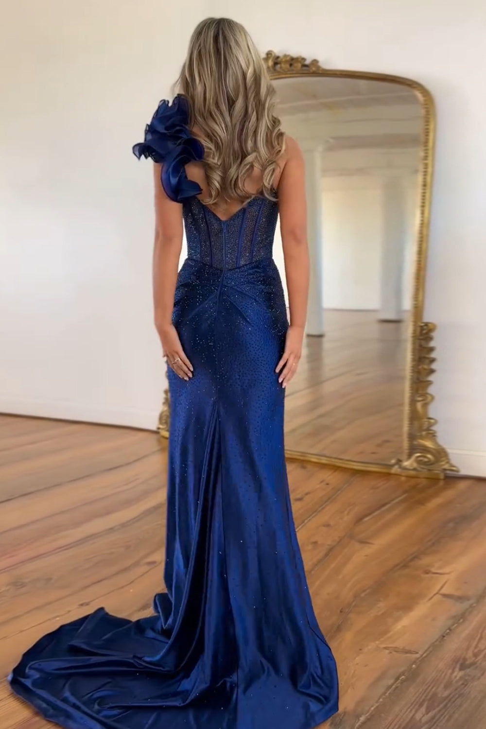 Dreamyannie Floral Navy Prom Dress Corset One Shoulder Formal Dress With Slit