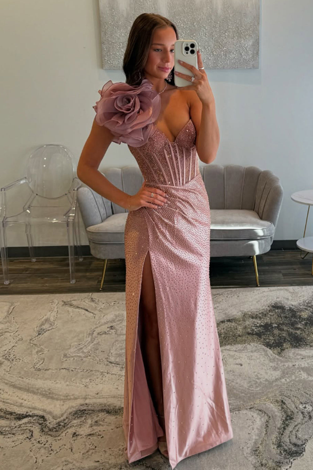 Dreamyannie Floral Navy Prom Dress Corset One Shoulder Formal Dress With Slit