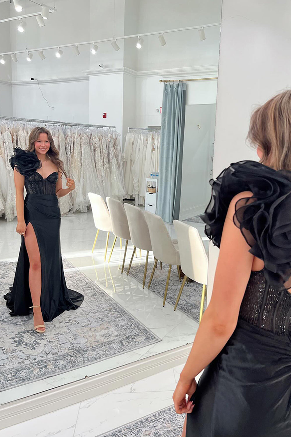 Dreamyannie Floral Navy Prom Dress Corset One Shoulder Formal Dress With Slit