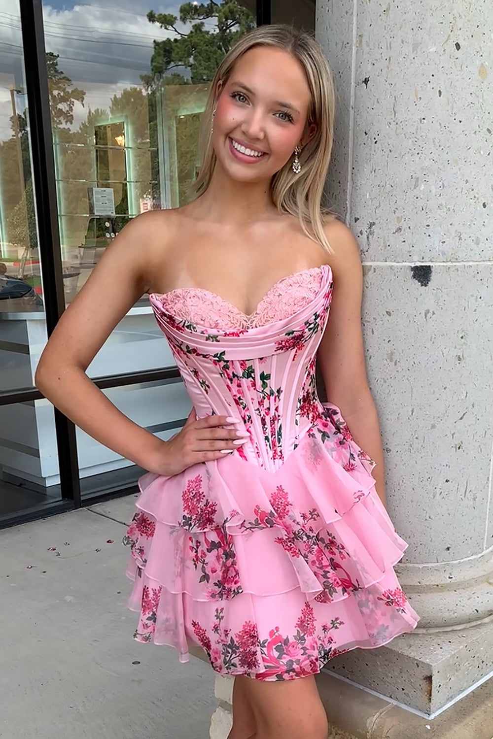Dreamyannie Floral Pink Corset A Line Homecoming Dresses Short Cocktail Dresses With Ruffles