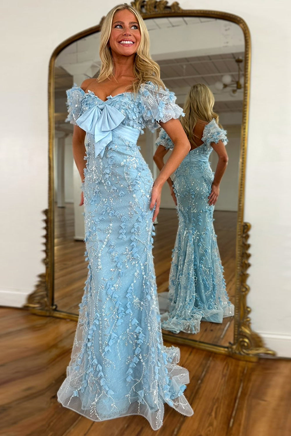 Dreamyannie Floral Pink Prom Dress Mermaid Long Formal Dress With Puffsleeves