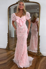 Dreamyannie Floral Pink Prom Dress Mermaid Long Formal Dress With Puffsleeves