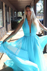 Dreamyannie Flowy Turquoise Prom Dress Pleated Halter Long Chiffon Formal Dress