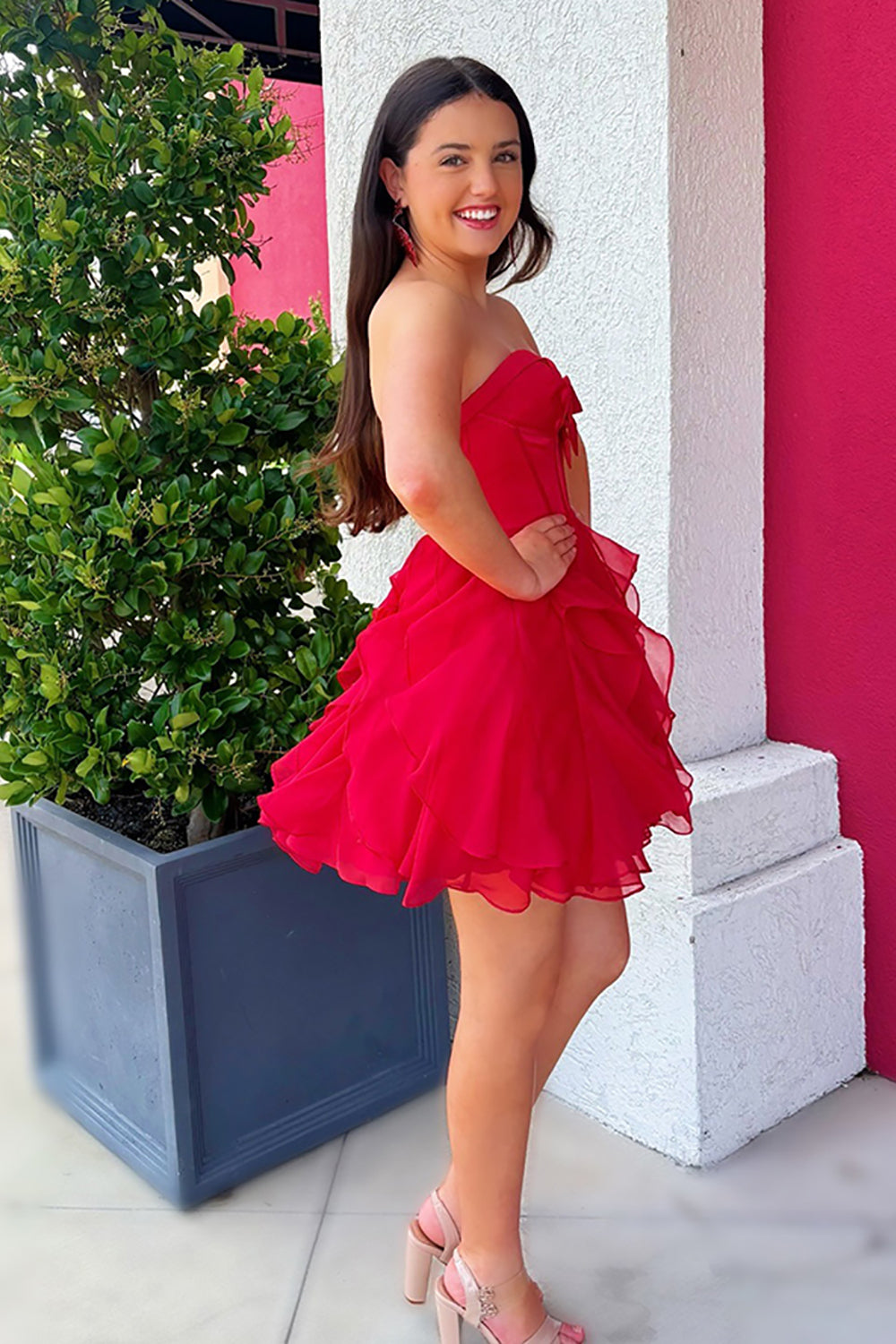 Dreamyannie Fuchsia A Line Homecoming Dresses Ruffled Short Corset Cocktail Dresses With Bow