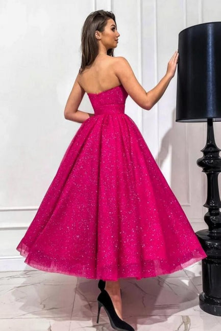 Dreamyannie Fuchsia A Line Sweetheart Strapless Sequined Formal Dress