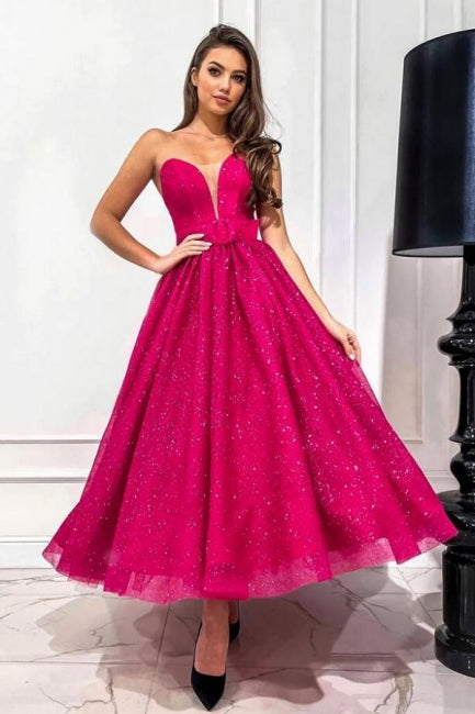 Dreamyannie Fuchsia A Line Sweetheart Strapless Sequined Formal Dress