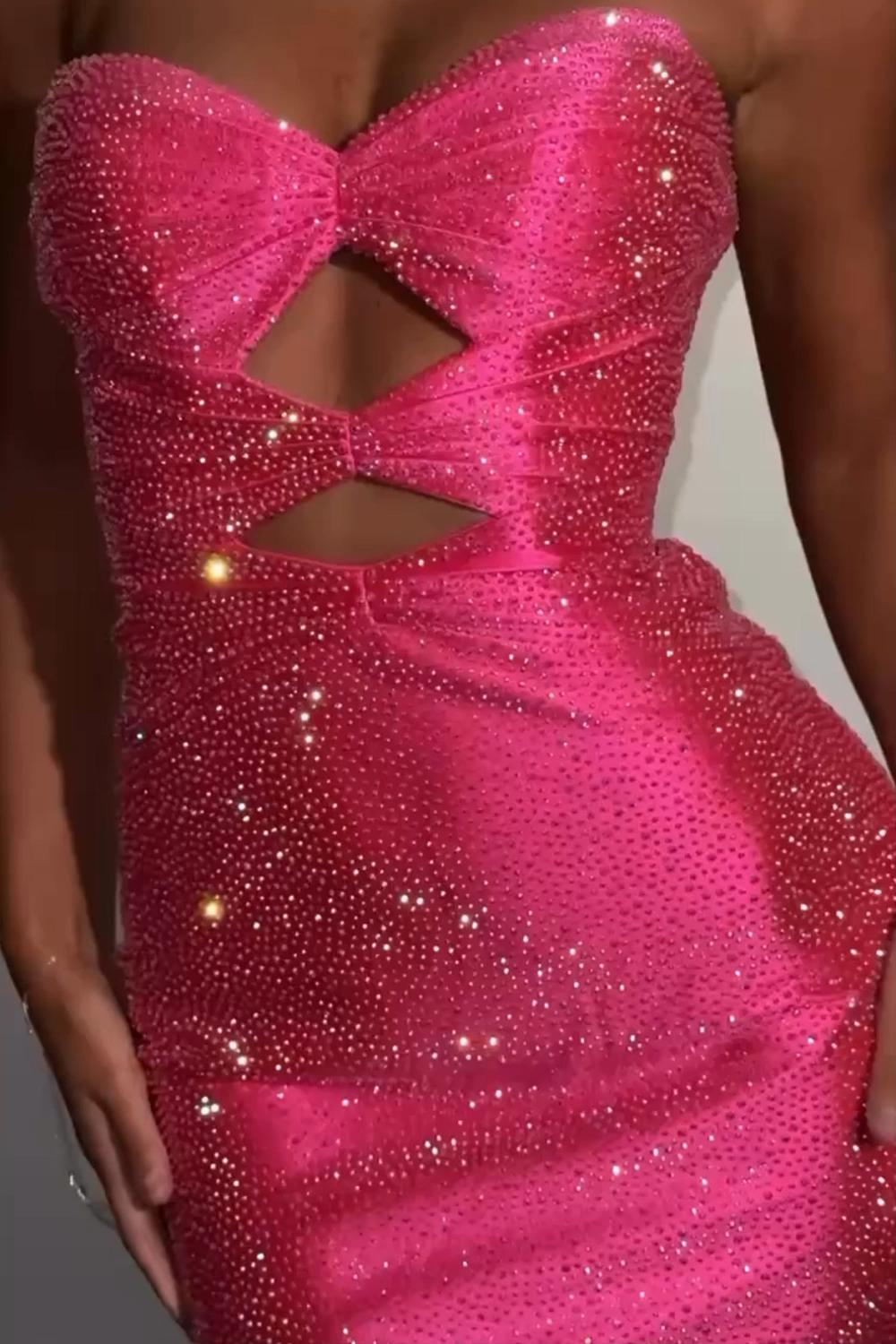 Dreamyannie Fuchsia Beaded Homecoming Dresses Cut Out Short Tight Cocktail Dresses