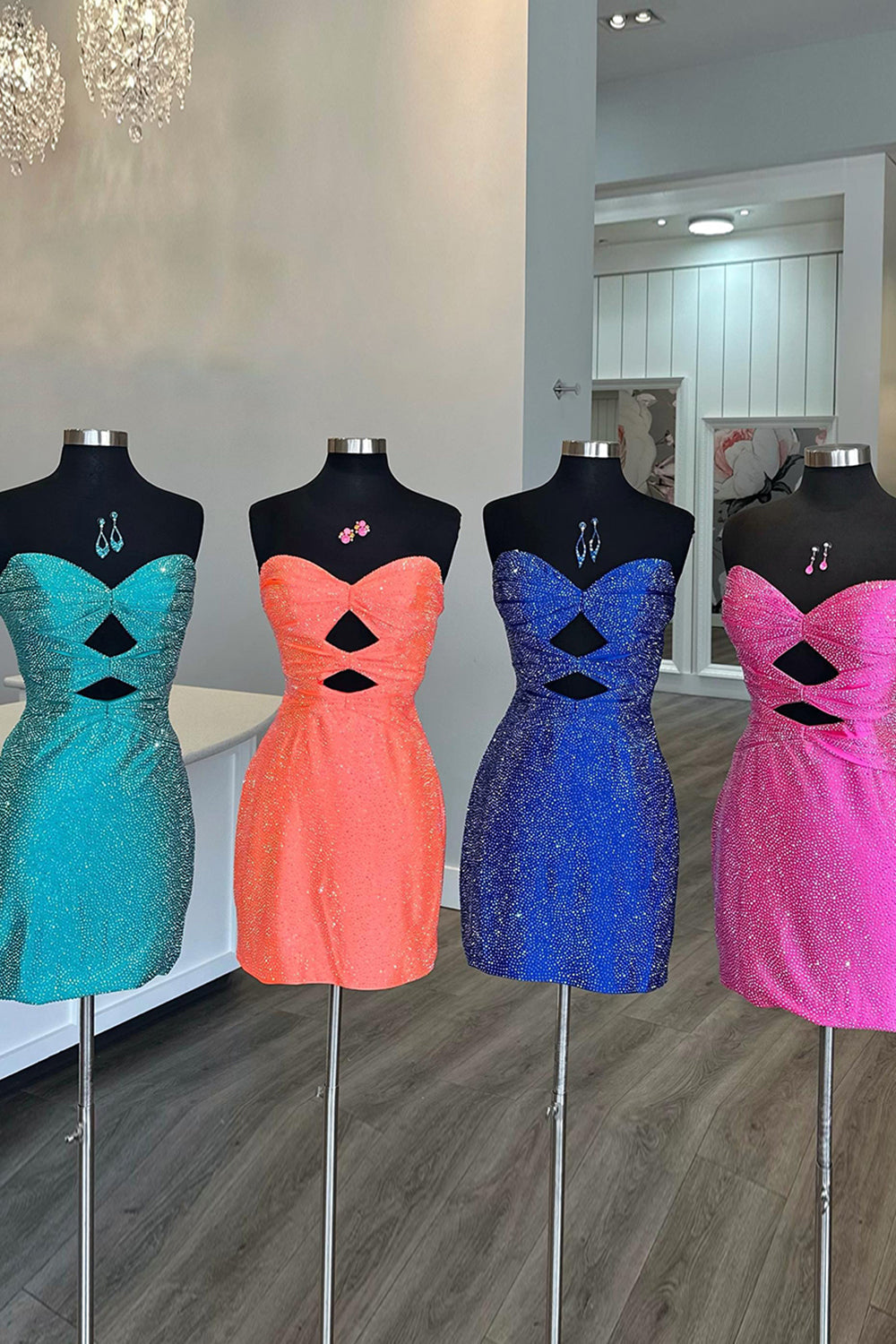 Dreamyannie Fuchsia Beaded Homecoming Dresses Cut Out Short Tight Cocktail Dresses