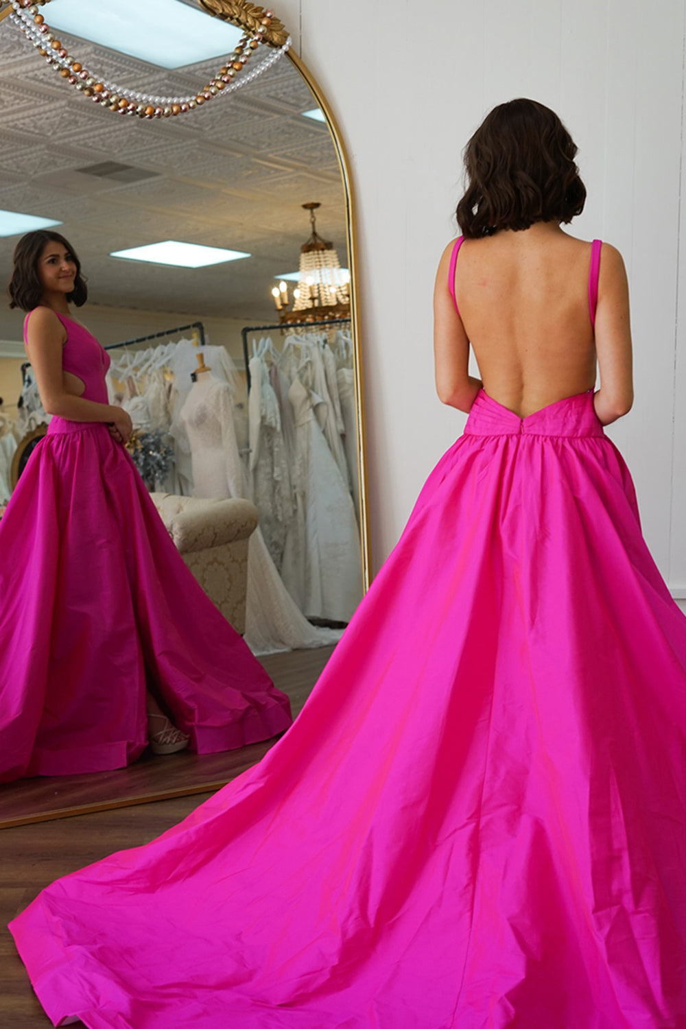 Dreamyannie Fuchsia Prom Dress A Line Backless Long Formal Dress With Slit