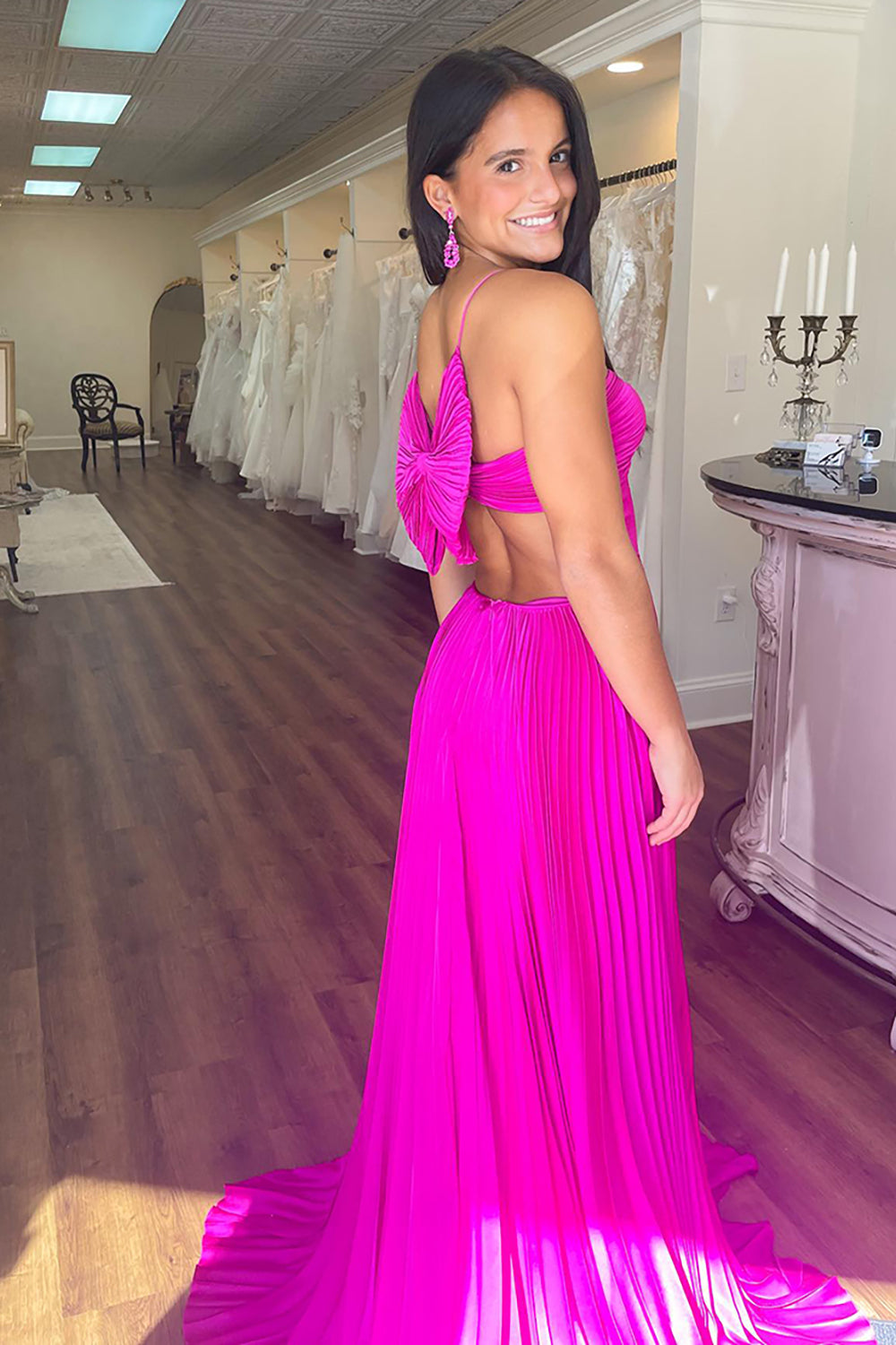 Dreamyannie Fuchsia Prom Dress A Line Halter Neck Pleated Long Formal Dress