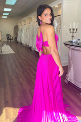 Dreamyannie Fuchsia Prom Dress A Line Halter Neck Pleated Long Formal Dress