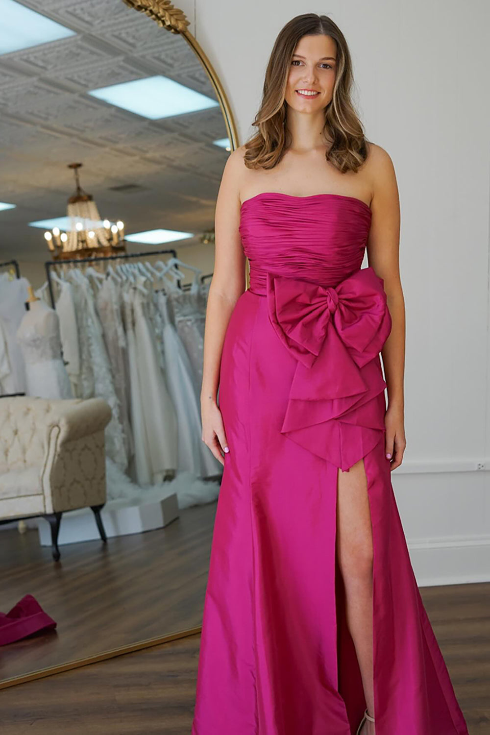 Dreamyannie Fuchsia Prom Dress A Line Strapless Long Formal Dress With Slit