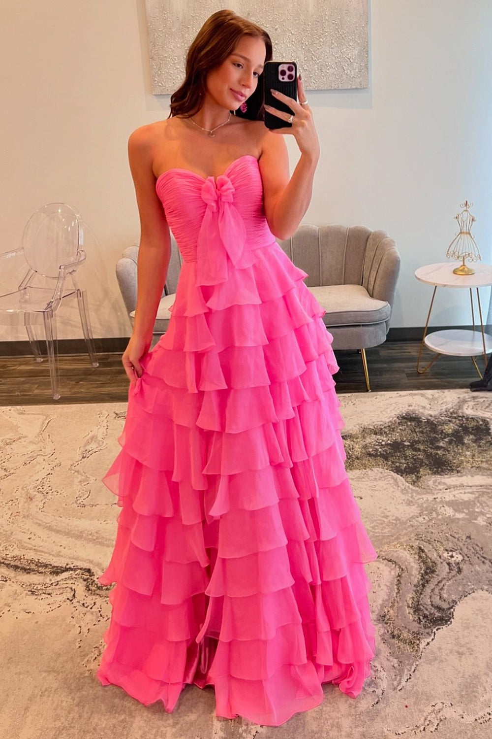 Dreamyannie Fuchsia Prom Dress A-Line Sweetheart Tiered Formal Dress With Slit