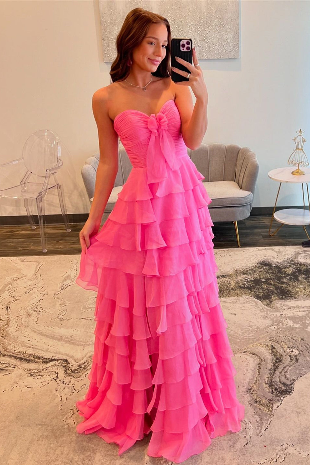 Dreamyannie Fuchsia Prom Dress A-Line Sweetheart Tiered Formal Dress With Slit
