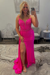 Dreamyannie Fuchsia Prom Dress Beaded Spaghetti Straps Formal Dress With Slit