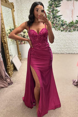 Dreamyannie Fuchsia Prom Dress Floral Mermaid Ruche Spaghetti Straps Long Formal Dress With Slit