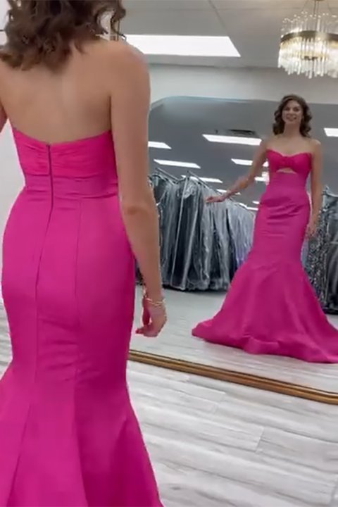 Dreamyannie Fuchsia Prom Dress Floral Mermaid Strapless Long Formal Dress