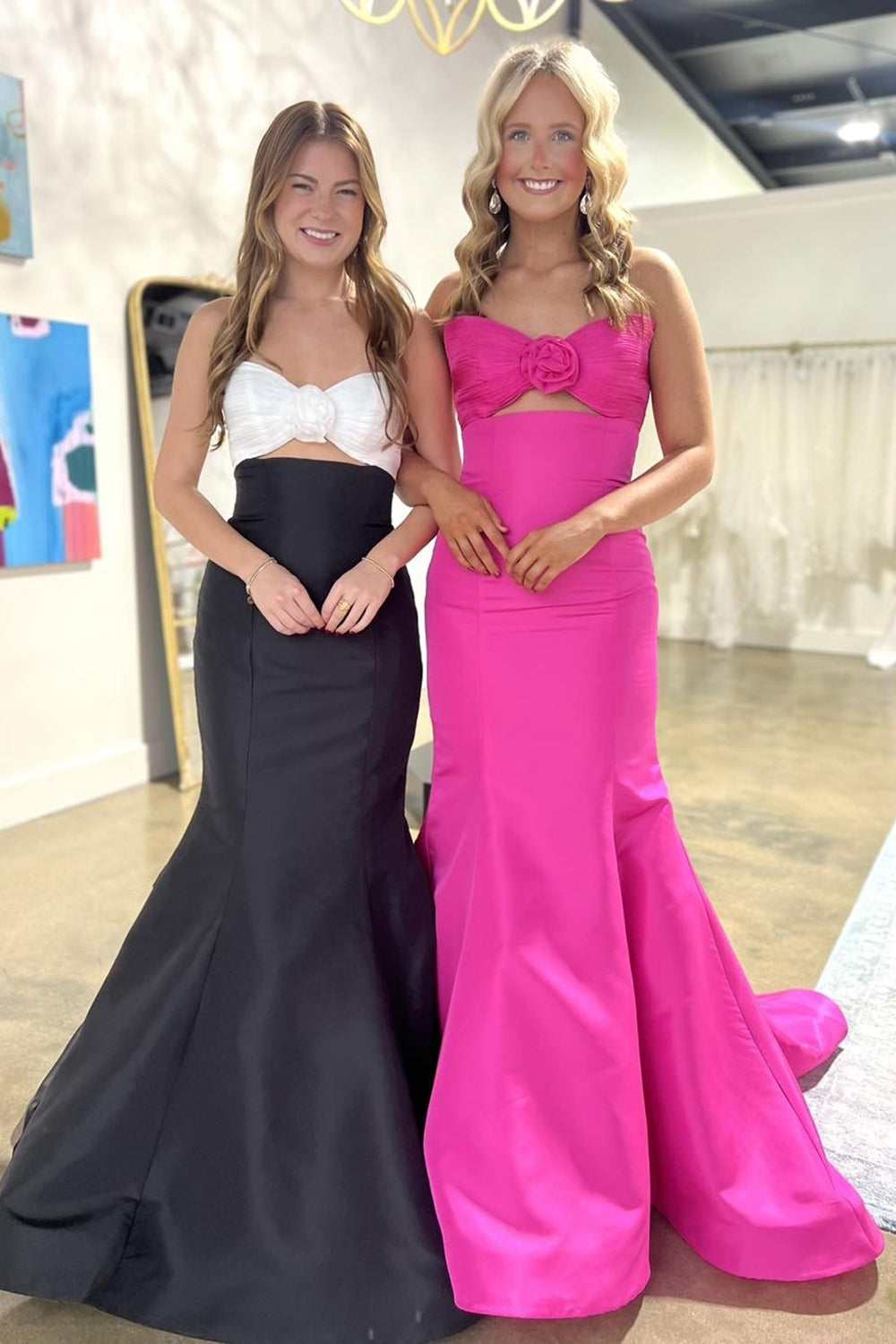 Dreamyannie Fuchsia Prom Dress Floral Mermaid Strapless Long Formal Dress