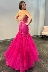 Dreamyannie Fuchsia Prom Dress Mermaid Appliques Spaghetti Straps Long Formal Dress