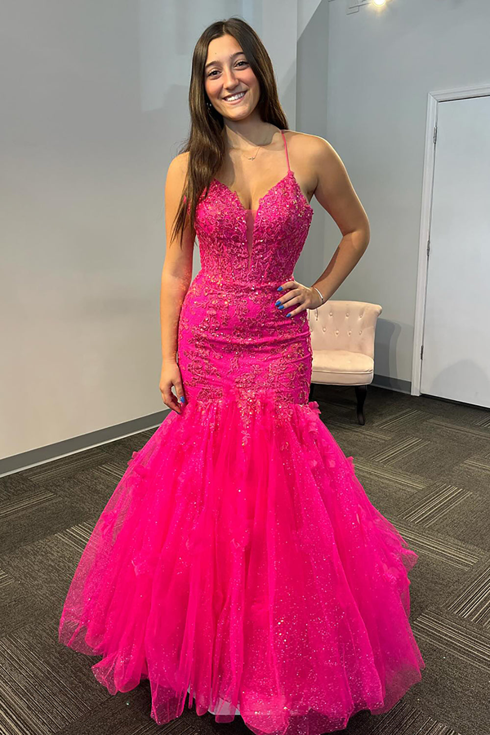 Dreamyannie Fuchsia Prom Dress Mermaid Appliques Spaghetti Straps Long Formal Dress