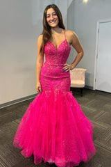 Dreamyannie Fuchsia Prom Dress Mermaid Appliques Spaghetti Straps Long Formal Dress