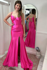 Dreamyannie Fuchsia Prom Dress Mermaid Corset Lace-Up Back Long Formal Dress With Slit