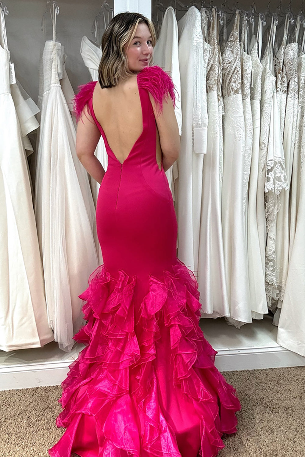 Dreamyannie Fuchsia Prom Dress Mermaid Ruffled Long Formal Dress With Feathers