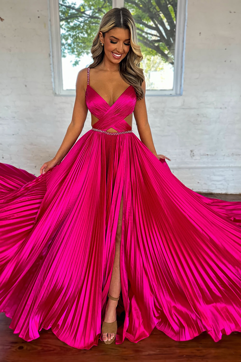 Dreamyannie Fuchsia Prom Dress Metallic Pleated Formal Dress With Slit