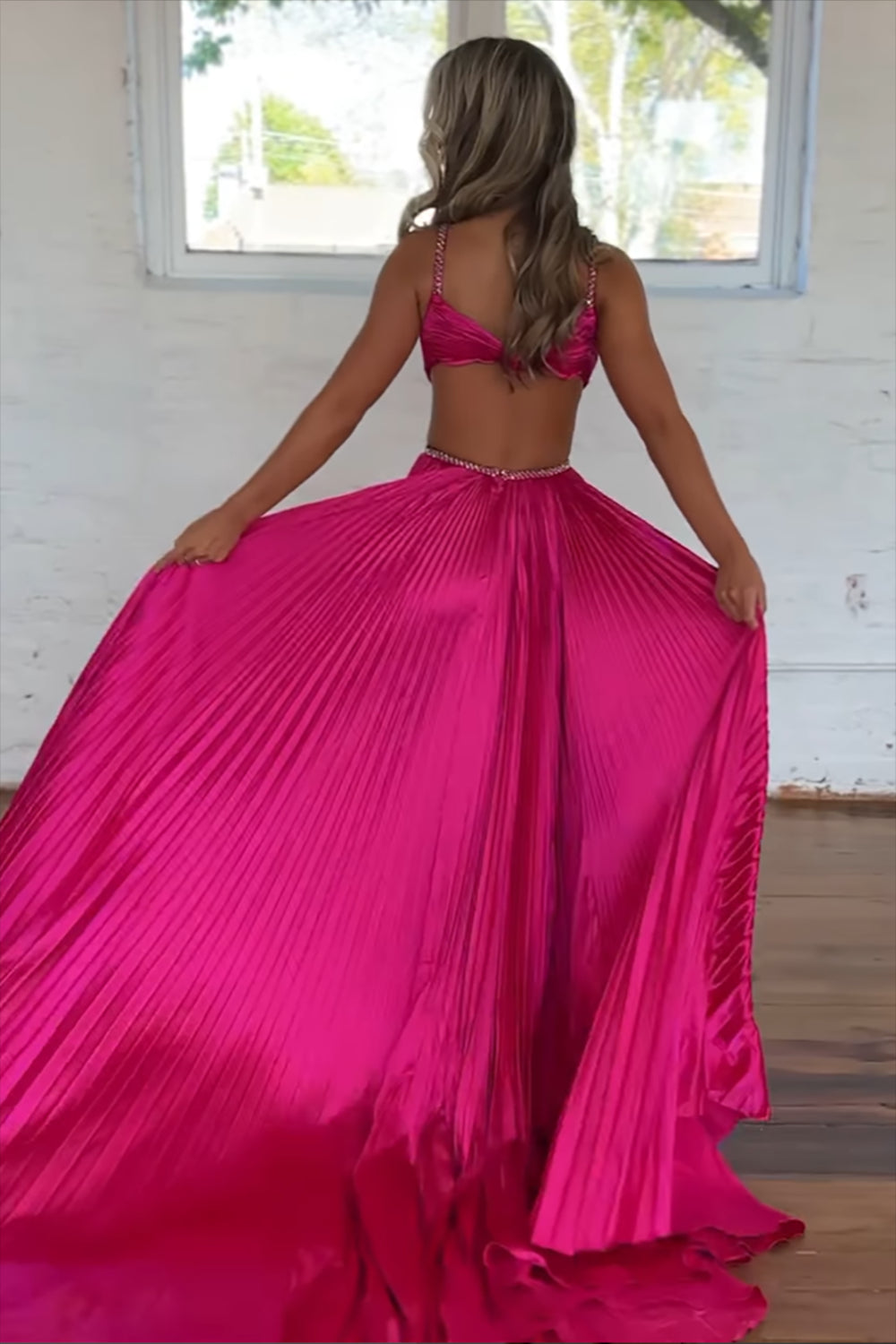 Dreamyannie Fuchsia Prom Dress Metallic Pleated Formal Dress With Slit