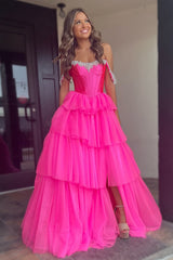 Dreamyannie Fuchsia Prom Dress Off The Shoulder A-Line Tiered Long Formal Dress With Slit