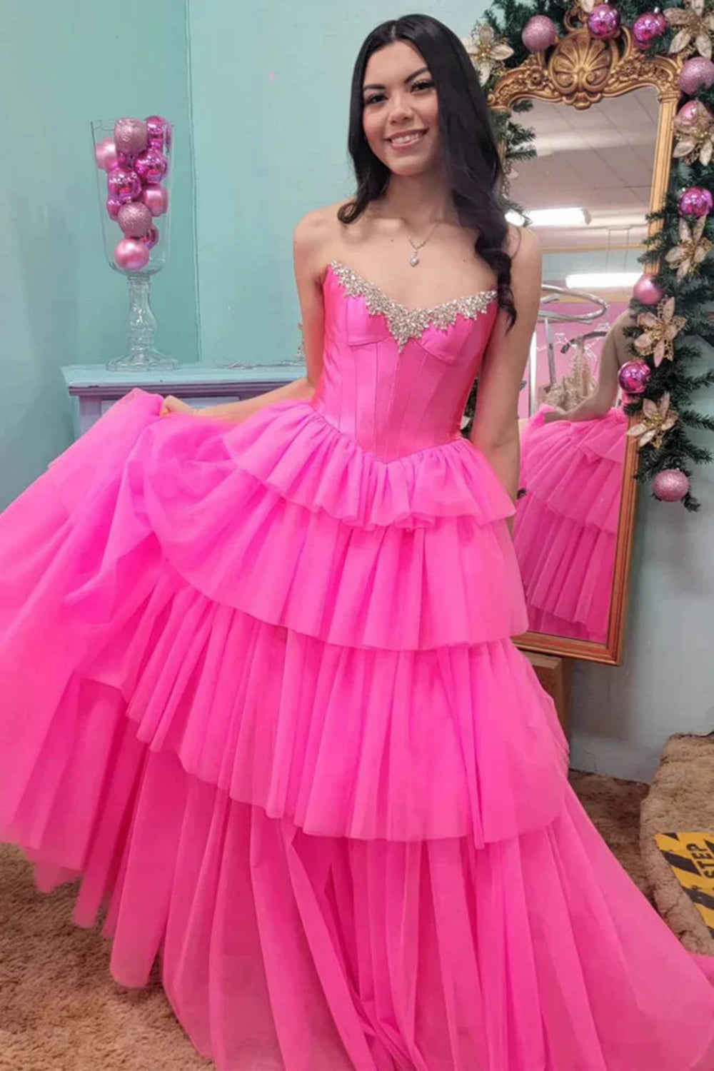Dreamyannie Fuchsia Prom Dress Off The Shoulder A-Line Tiered Long Formal Dress With Slit