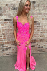 Dreamyannie Fuchsia Prom Dress Off The Shoulder Mermaid Formal Dress With Slit
