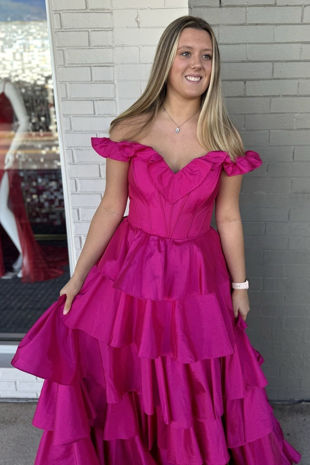Dreamyannie Fuchsia Prom Dress Off The Shoulder Ruffled Long Formal Dress