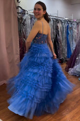 Dreamyannie Fuchsia Prom Dress Ruffled Spaghetti Straps Formal Dress With Lace