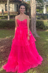 Dreamyannie Fuchsia Prom Dress Ruffled Sweetheart Long Formal Dress