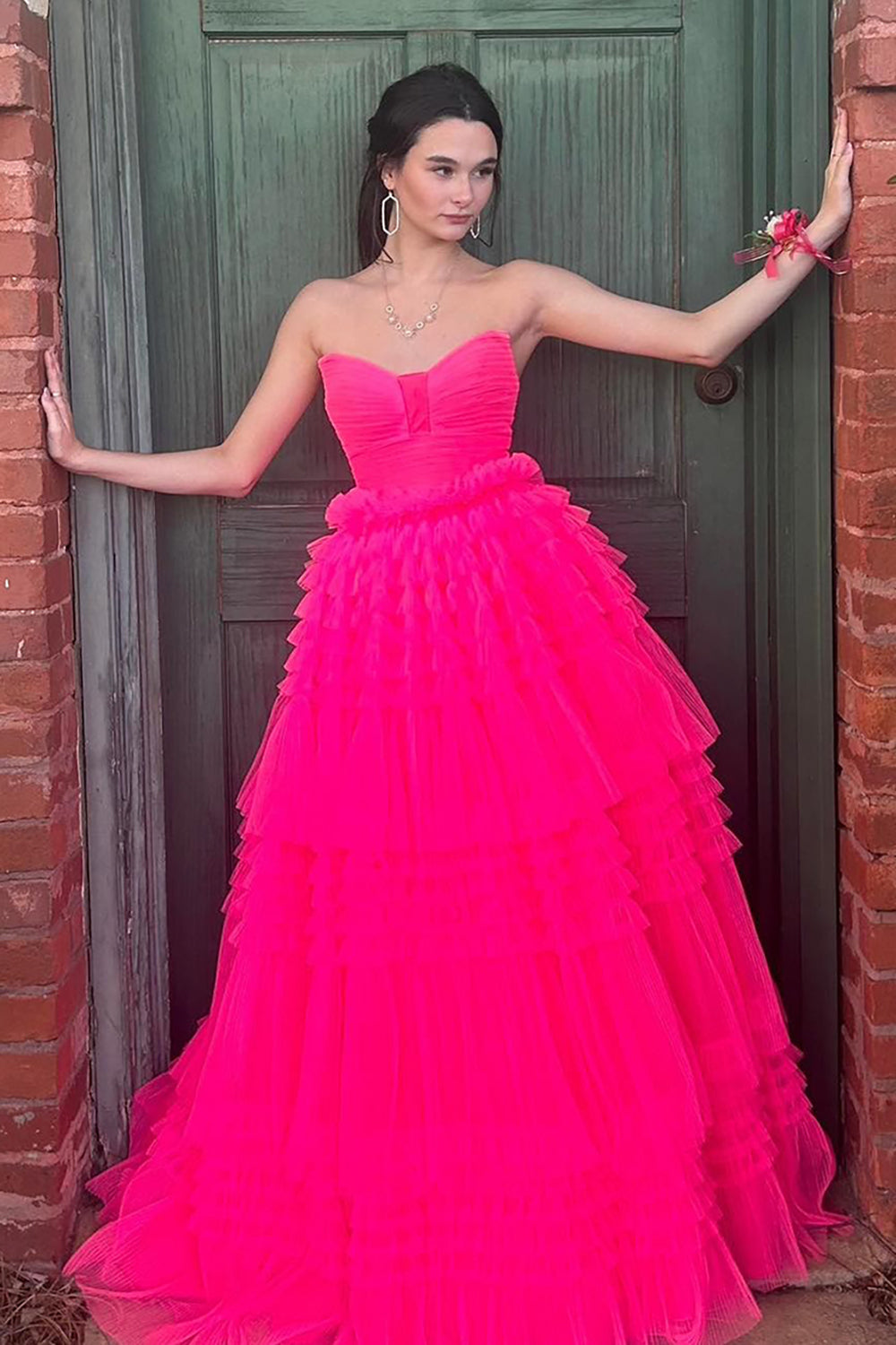 Dreamyannie Fuchsia Prom Dress Ruffled Sweetheart Long Formal Dress