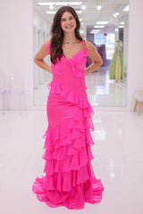 Dreamyannie Fuchsia Prom Dress Ruffled V-Neck Chiffon Mermaid Formal Dress
