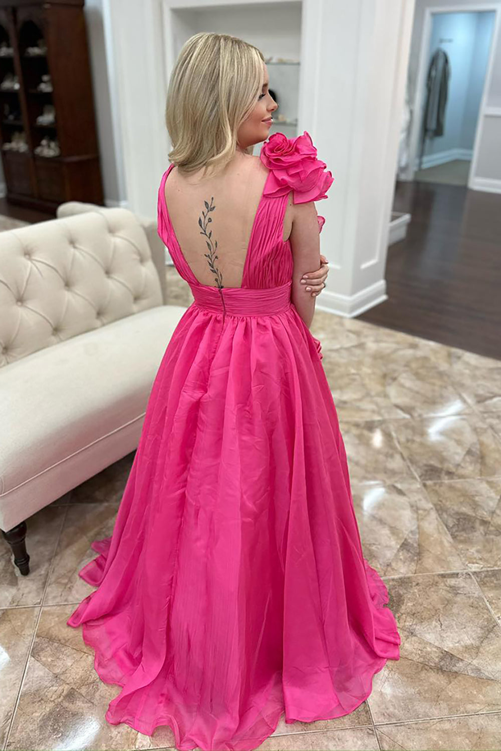 Dreamyannie Fuchsia Prom Dress Ruffled V-Neck Long Formal Dress