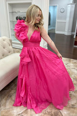 Dreamyannie Fuchsia Prom Dress Ruffled V-Neck Long Formal Dress