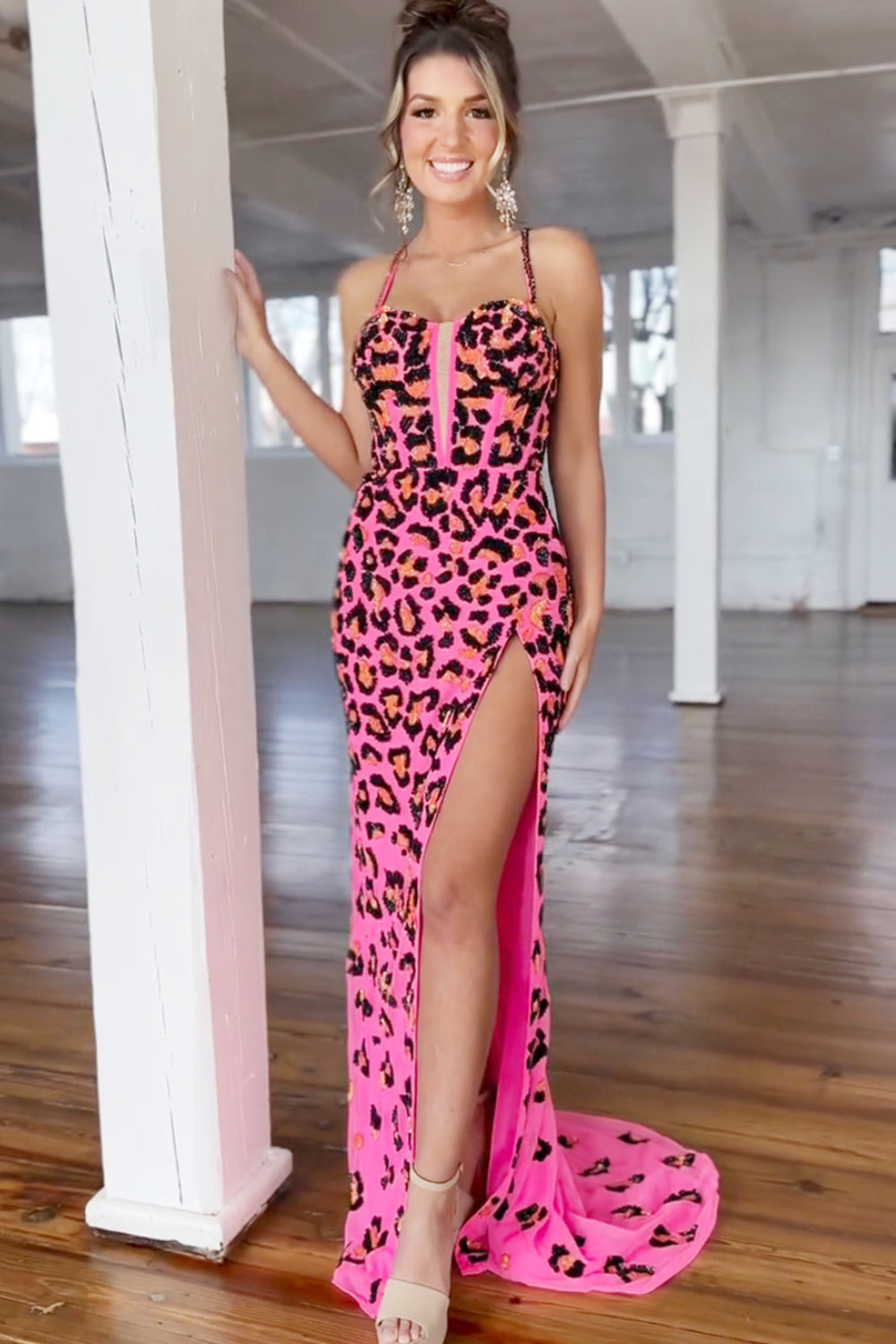 Dreamyannie Fuchsia Prom Dress Sheath Leopard Long Formal Dress With Slit