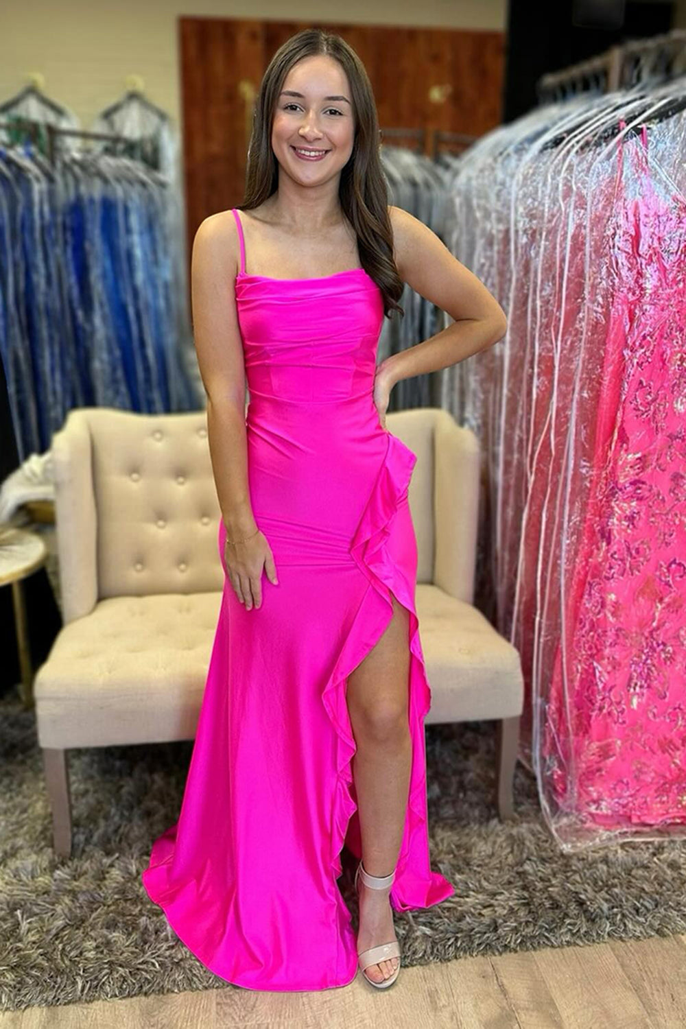 Dreamyannie Fuchsia Prom Dress Spaghetti Straps A Line Formal Dress With Slit