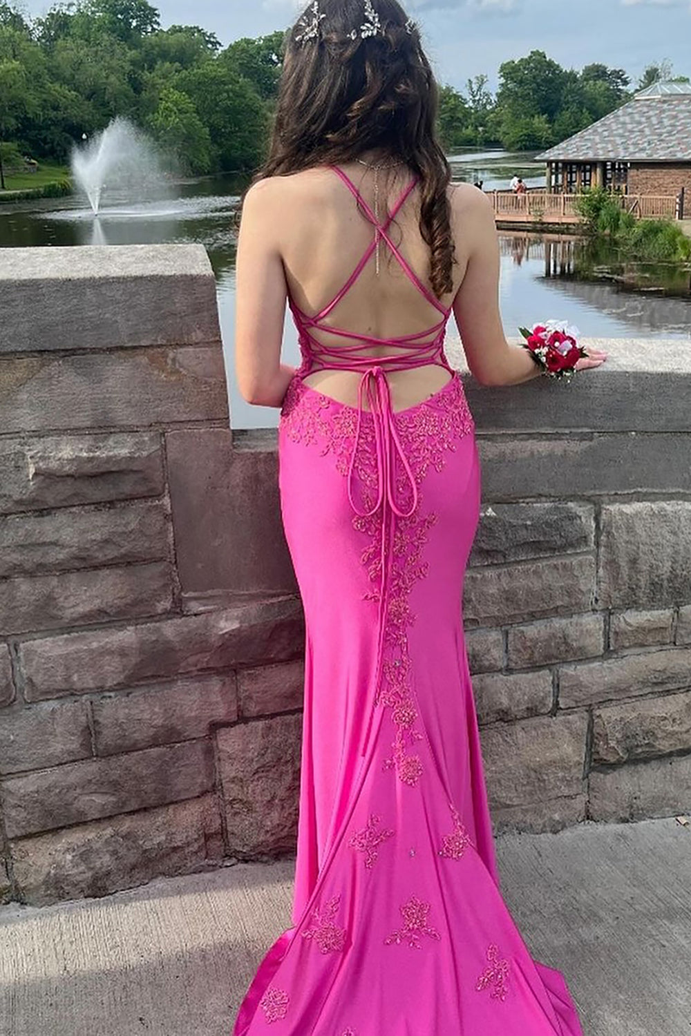 Dreamyannie Fuchsia Prom Dress Spaghetti Straps Mermaid Satin Long Formal Dress With Slit