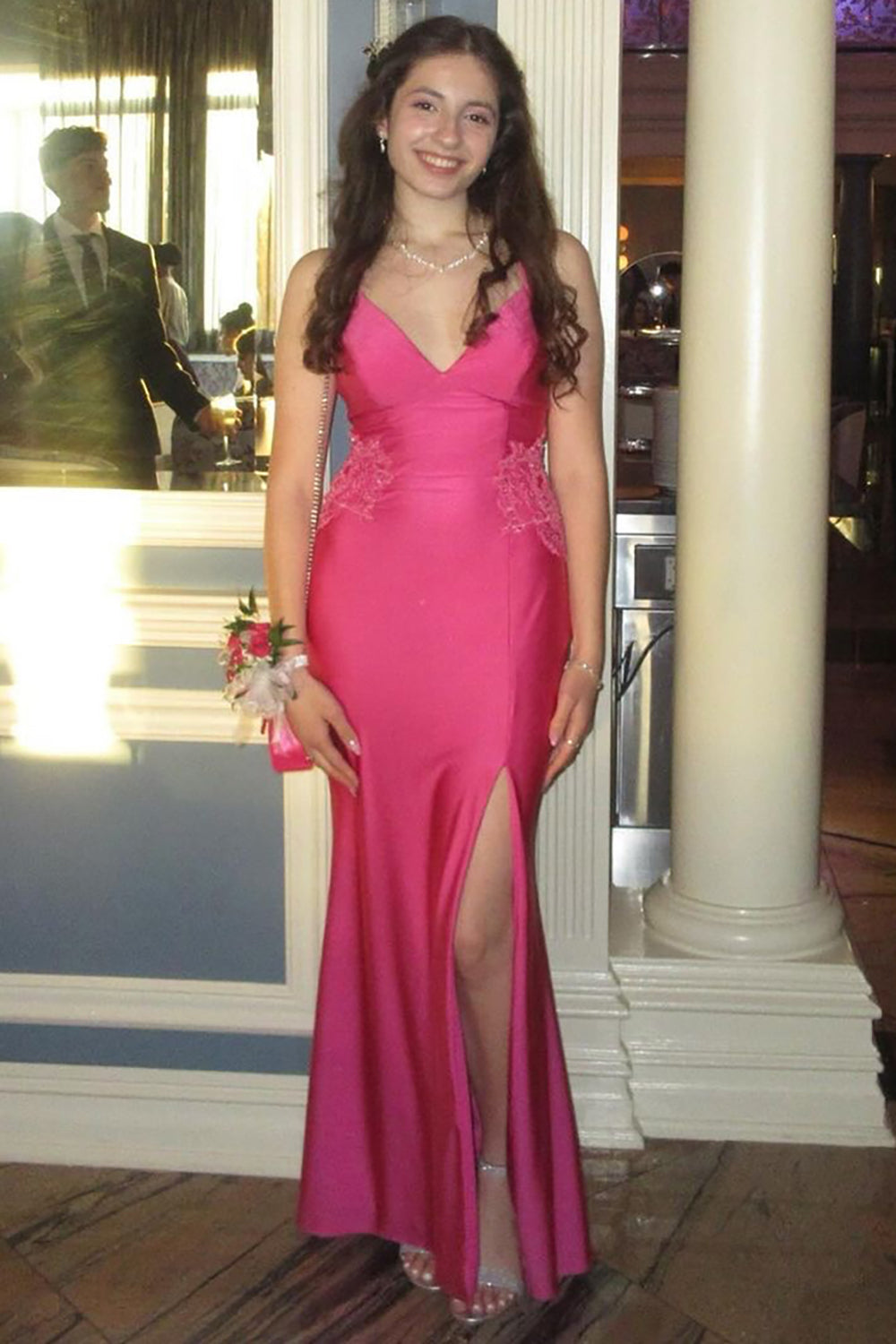 Dreamyannie Fuchsia Prom Dress Spaghetti Straps Mermaid Satin Long Formal Dress With Slit