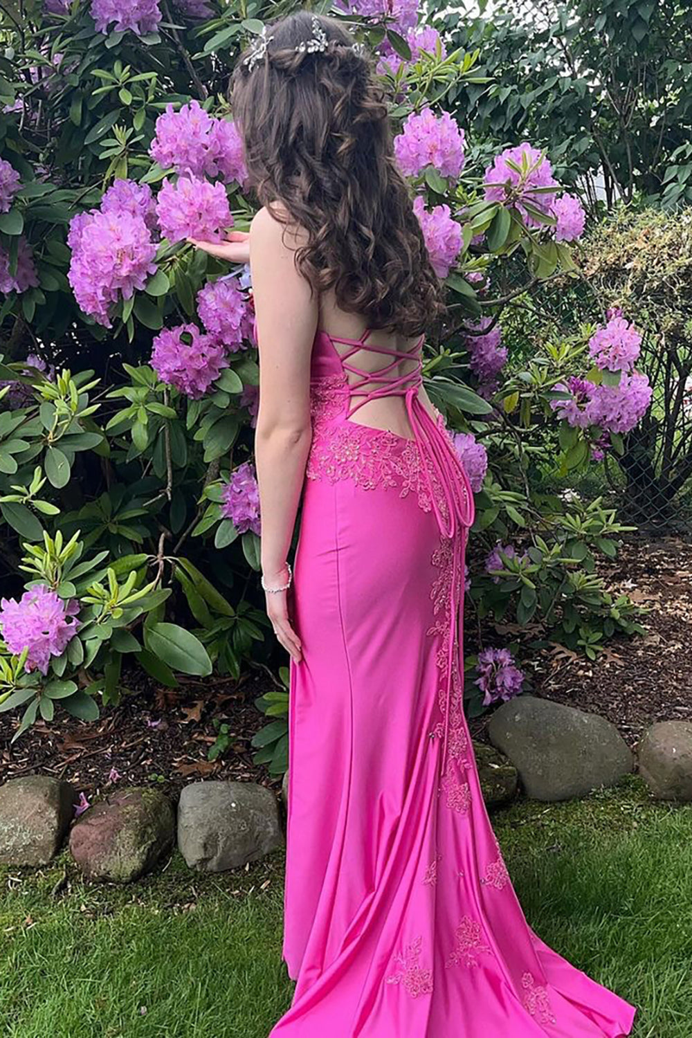 Dreamyannie Fuchsia Prom Dress Spaghetti Straps Mermaid Satin Long Formal Dress With Slit
