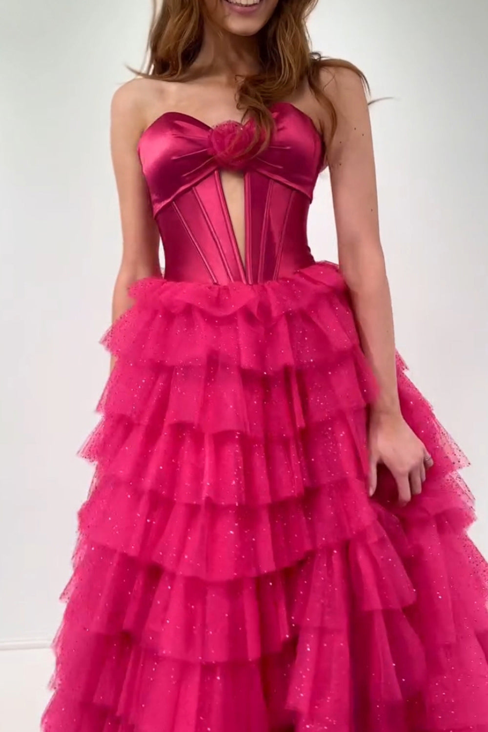 Dreamyannie Fuchsia Prom Dress Strapless Ruffled Corset Tulle Long Formal Dress